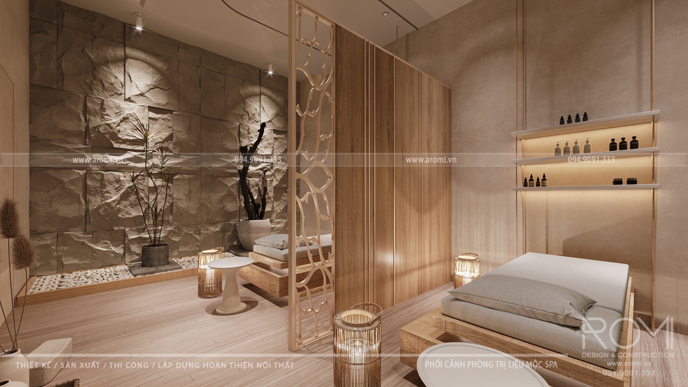 Không Gian Spa Sử Dụng Chất Liệu Gỗ và Đá Tạo Cảm Giác Gần Gũi Và Ấm Áp