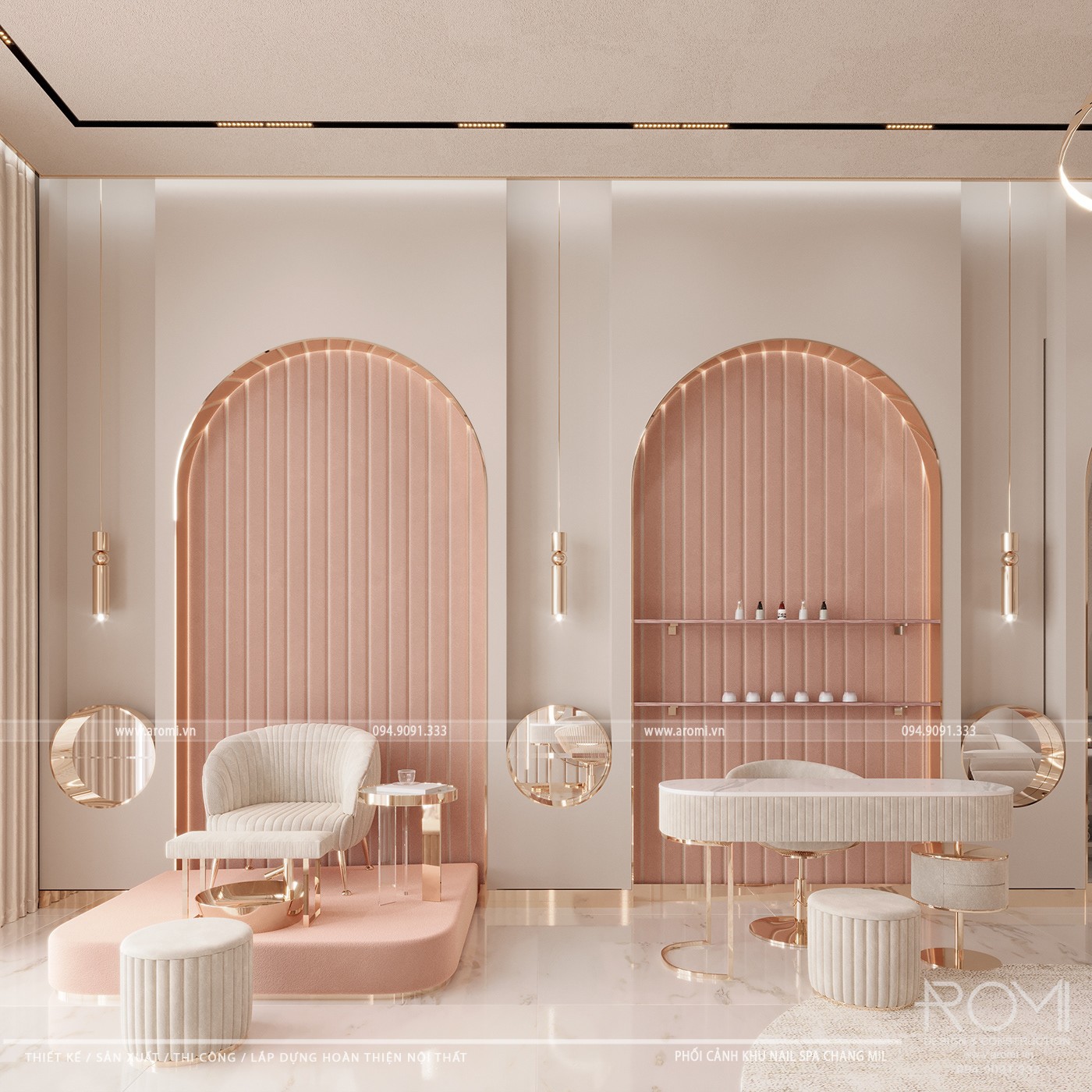 Thiết Kế Spa Nail Phong Cách Luxury Hồng Pastel